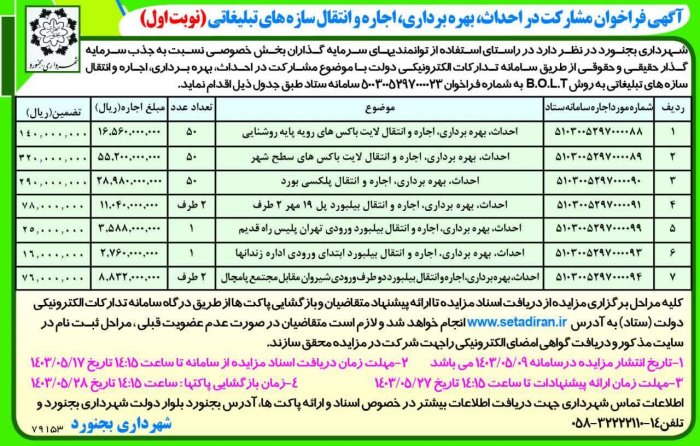 آگهی فراخوان مشارکت در احداث ، بهره برداری و اجاره و انتقال سازه های تبلیغاتی