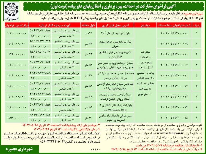 آگهی فراخوان مشارکت دراحداث ، بهره برداری و انتقال پلهای عابر پیاده