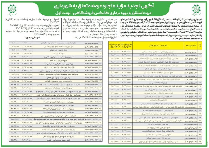 آگهی تجدید مزایده اجاره عرصه متعلق به شهرداری جهت استقرار و بهره برداری کانکس فروشگاهی